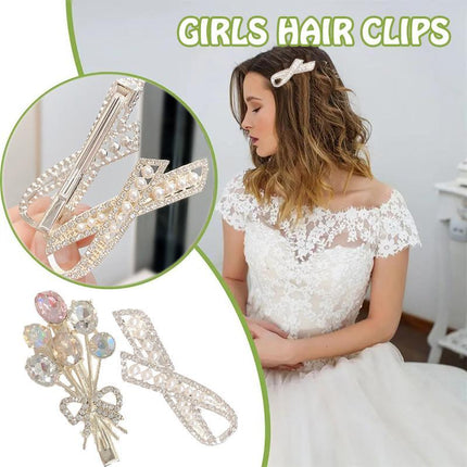 Fashion Women Crystal Hair Clip Barrette Rhinestone Flower Spring Pearl Hairpins - Aimall
