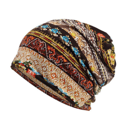 Ethnic Style Cotton Flower Stripe Pullover Cap Dual Purpose Turban Hat for Women
