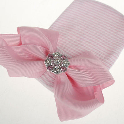 3PCS Baby Girl Knit Hat Pink Stripe Glitter Bow Newborn Pullover Warm Winter Cap