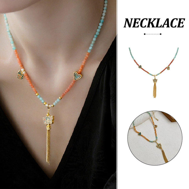 New Chinese Butterfly Pendant Beaded Necklace with Fringe Exquisite Fashion