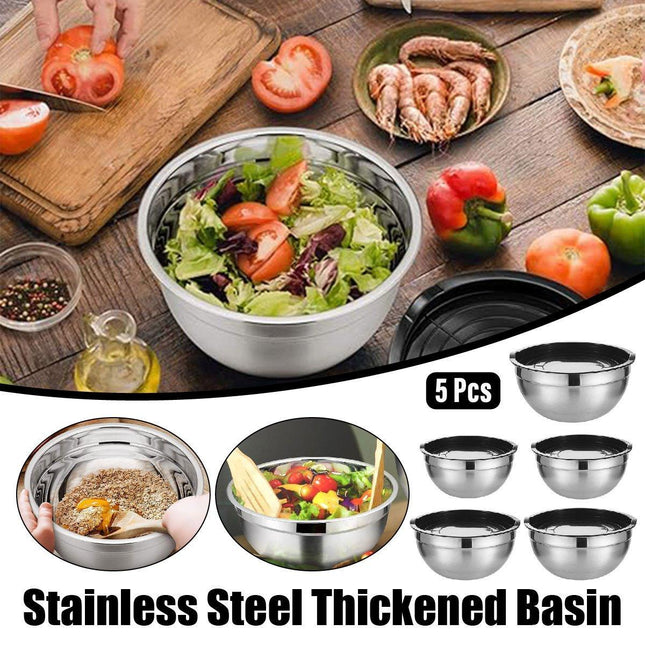 5PCS Stainless Steel Mixing Bowl Set with Black Dust Cover for Cooking Baking
