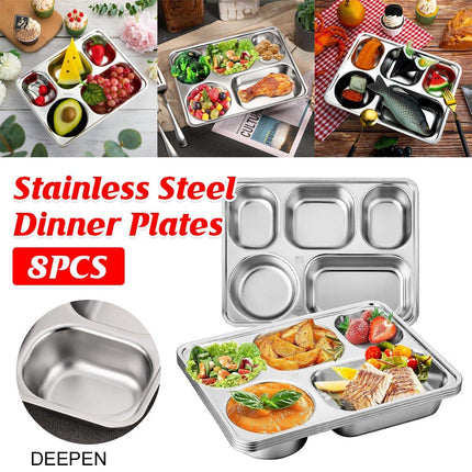 8pcs Stainless Steel Divided Dinner Plates Square Fast Food Plate for Students