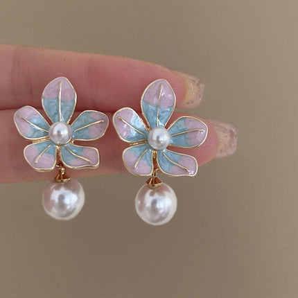 Vintage French Earrings Sweet Two-Tone Green Pink Plant Design Fashion Jewelry