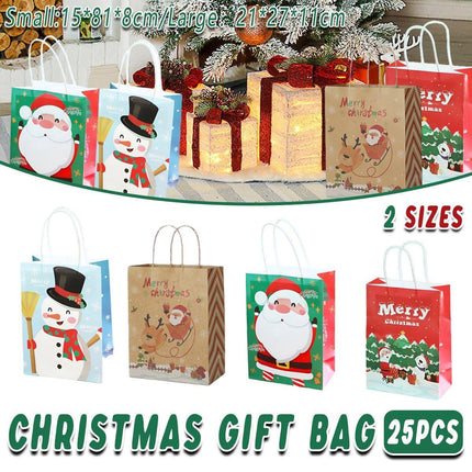 25PCS Christmas Tote Bags Kraft Paper Gift Bags Party Favor Holiday