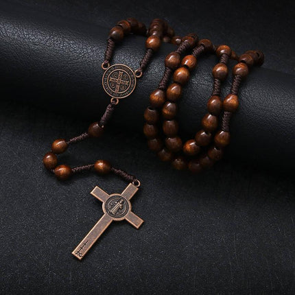 1PC Wooden Rosary Beads Necklace Christian Cross Catholic Rosary Beads - Aimall
