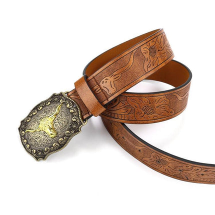 Retro Punk Belt with Cow Head Large Plate Buckle Trendy Western Waist Strap