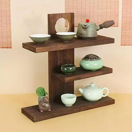 Wooden Desktop Tea Set Rack Display Stand Organizer Storage Shelf for Teaware