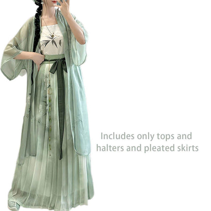 Hanfu Women Half Sleeve Pleated Skirt Waist Dress Spring Summer Daily Suit
