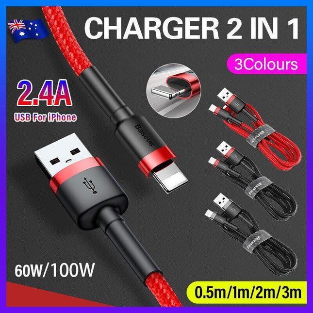 Red + Black Genuine BASEUS 2.4A USB to Lighting Charging Cable Cord for iPhone 13 12 Pro XS - Aimall