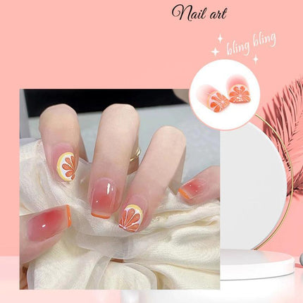 24X Orange Fake Nail Reusable Stick On Nails Press on Full Cover False Nail Tips - Aimall