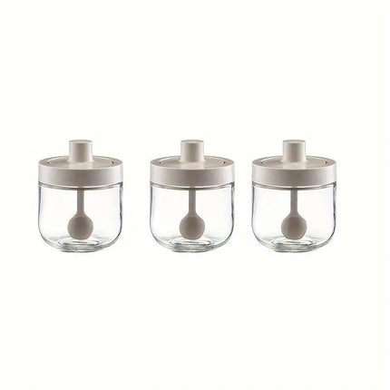 3PCS Glass Seasoning Jar with Spoon Lid Kitchen Salt Spice Storage Box Organizer