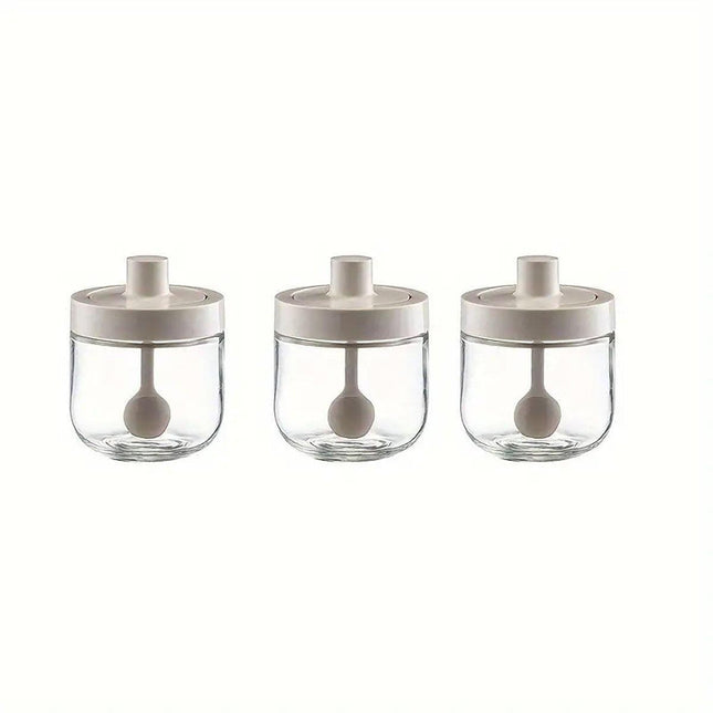 3PCS Glass Seasoning Jar with Spoon Lid Kitchen Salt Spice Storage Box Organizer