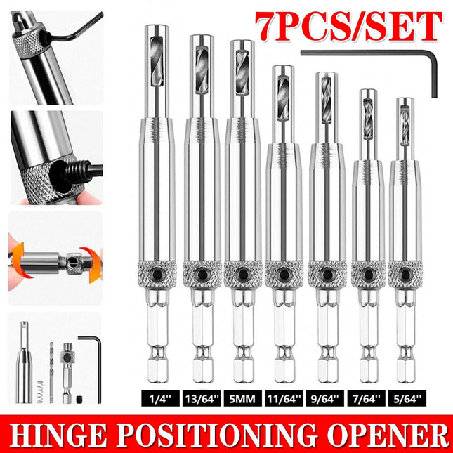7-Piece Centre Drill Bits Set Self Centering Hinge Hole Drilling 1/4" Hex Shank - Aimall