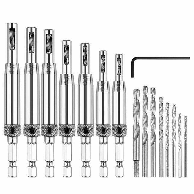 7-Piece Centre Drill Bits Set Self Centering Hinge Hole Drilling 1/4" Hex Shank - Aimall