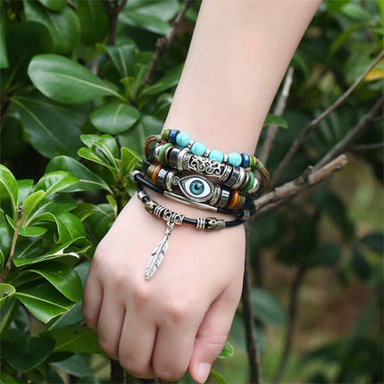 Turquoise Woven Leather Multi Layered Beaded Bracelet with Wood Beads Women