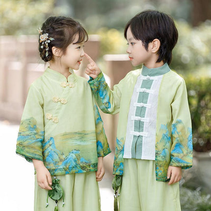 Boys Landscape Painting Performance Costume Chinese Style Traditional Green Set
