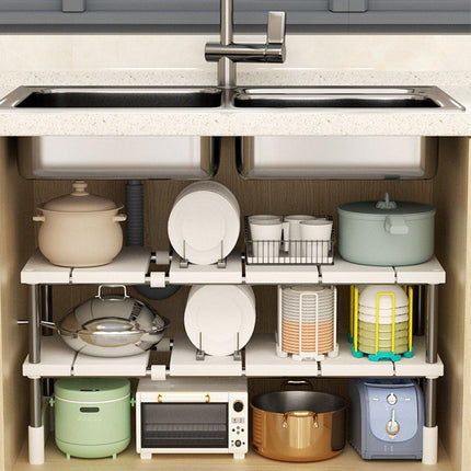 Expandable Kitchen Shelf Cabinet Organizer Tiered Storage Rack for Home Use