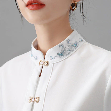 Chinese Style Women Autumn Standing Collar White Shirt Fashion Inner Tops