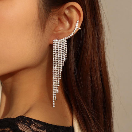 Bling Dangle Drop Tassel Earrings Long Tassel Rhinestone Rhinestone Earrings - Aimall