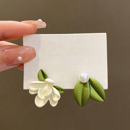 Green 925 Silver Needle Summer Sweet Flower Cluster Asymmetry Earrings Stud Gift - Aimall