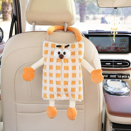 Plush Car Tissue Box Striped Plaid Seatback Hanging Tissue Holder Drawer Design