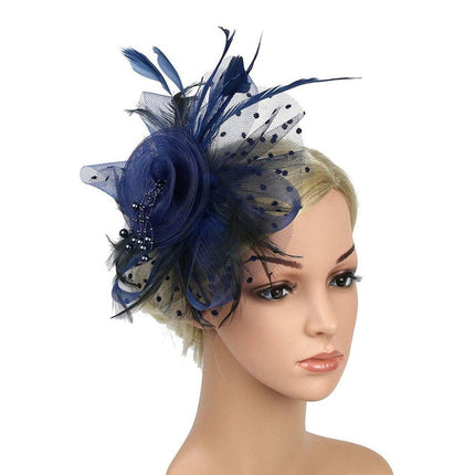 Blue Vintage Bridal Headdress Feather Flower Mesh Hair Accessories for Cheongsam