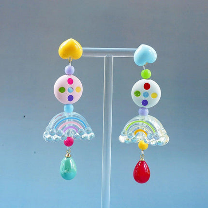 Colourful Beaded Resin Love Earrings Asymmetrical Cloud Design Long Jewelry