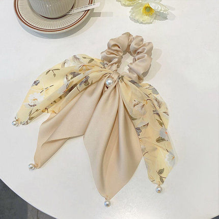 Vintage Boho Silk Bowknot Flower Hair Scrunchies Women Hair Bands Rope Pearl - Aimall