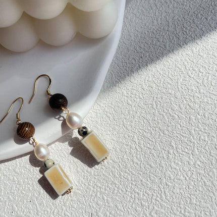 Ceramic Round Cake Earrings Wooden Bead Design Lightweight Jewellery for Women