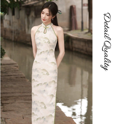 Spring Summer Silk Hemp Cheongsam Long Dress Improved Sleeveless Chinese Qipao