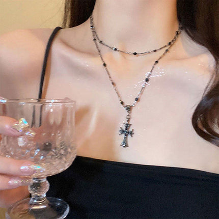 Women Fashion Double Layer Cross Pendant Necklace Retro Casual Sweater Chain