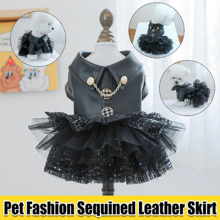 Pet Dog Cat Clothes Autumn Winter Fashion Sequin Small Leather Skirt Outfit