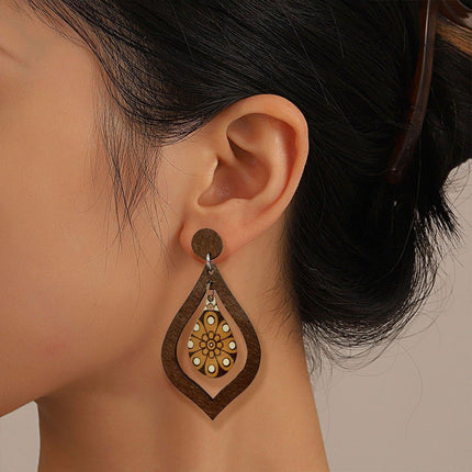 Vintage Wooden Drop Earrings Long Style Boho Chic Jewelry for Women Gift Idea