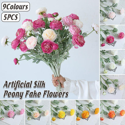 5pcs Artificial Peony Silk Flowers Bouquet Decor Faux Floral Arrangements
