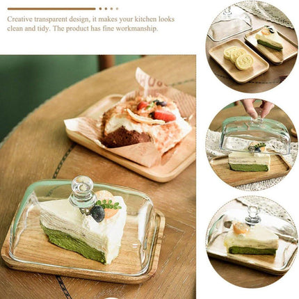 Wooden Square Cake Tray Dessert Tea Tray with Glass Cover Snack Patisserie Plate