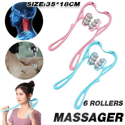 Hand 6-Roller Neck Shoulder Massager Trigger Point Pressure Pain Fatigue Relieve - Aimall
