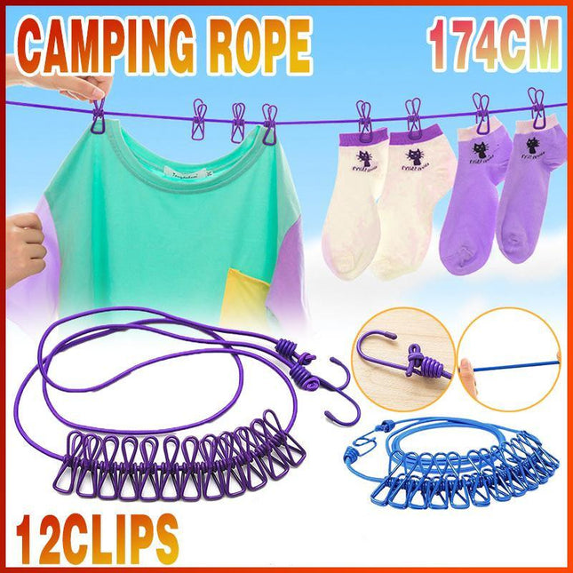 12 Clips Camping Rope Peg Washing Clothes Line Travel clothesline Portable - Aimall