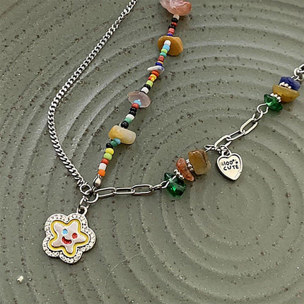 Colourful Flower Smiley Necklace Collarbone Chain Cheerful Women Accessory