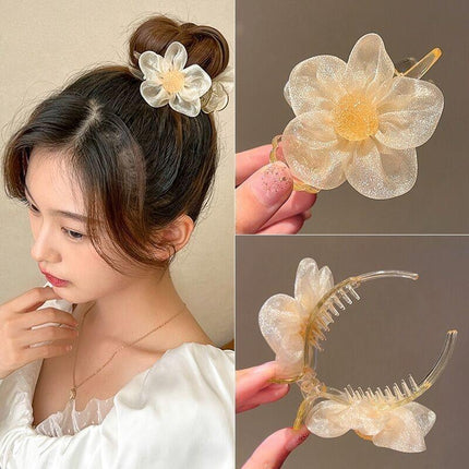 Women Gauze Flower hairband Mesh Bow Hair Claw Hair Grab Clip Hair Accessories - Aimall