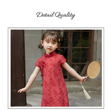Summer Cotton Cheongsam Dress Girls Retro Solid Color Fashion Solid Color Dress - Aimall