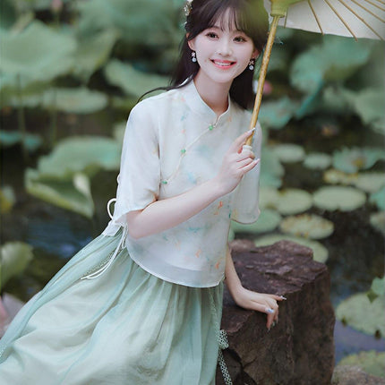 Chinese Style Girl Two-Piece Set New Retro Printed Improved Cheongsam