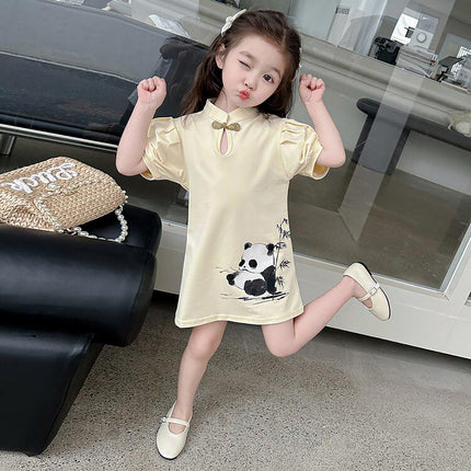 Short Sleeve Panda Print Dress Summer Outfit with Mandarin Collar for Girls