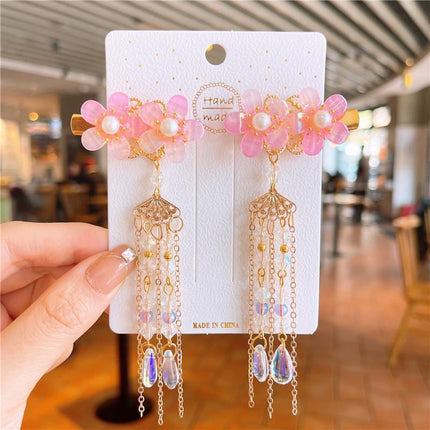 2Pcs Hanfu Flower Hair Clip Pearl Tassel Butterfly Hairpin Female/Children Party - Aimall