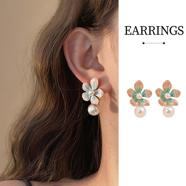 Vintage French Earrings Sweet Two-Tone Green Pink Plant Design Fashion Jewelry