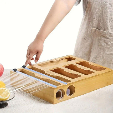 Bamboo Kitchen Storage Box for Plastic Wrap Tin Foil Paper Cutter with Lid