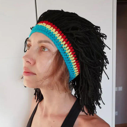 Quirky Warm Knitted Wig Hat Hip Hop Wool Cap for Men and Women with Braided