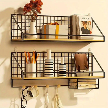 No-Punch Wall Mounted Iron Storage Rack Hanging Shelf for Home Organisation