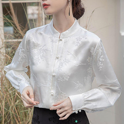 New Spring White Chinese Style Womens Top with Stand Collar Elegant Shirt