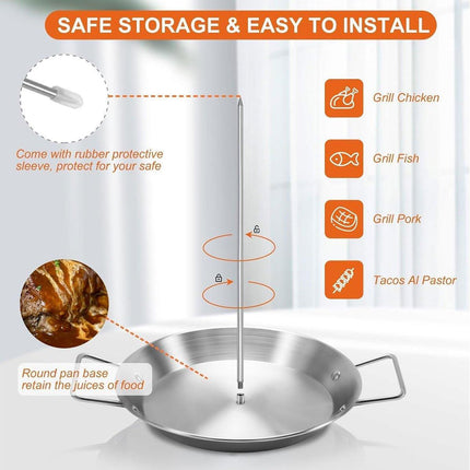 Stainless Steel BBQ Rotisserie Pan Kit Accessories with 3 Removable Iron Skewers
