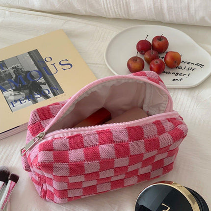 Checkerboard Makeup Bag Large Capacity Knitted Storage Bag Portable Toiletry